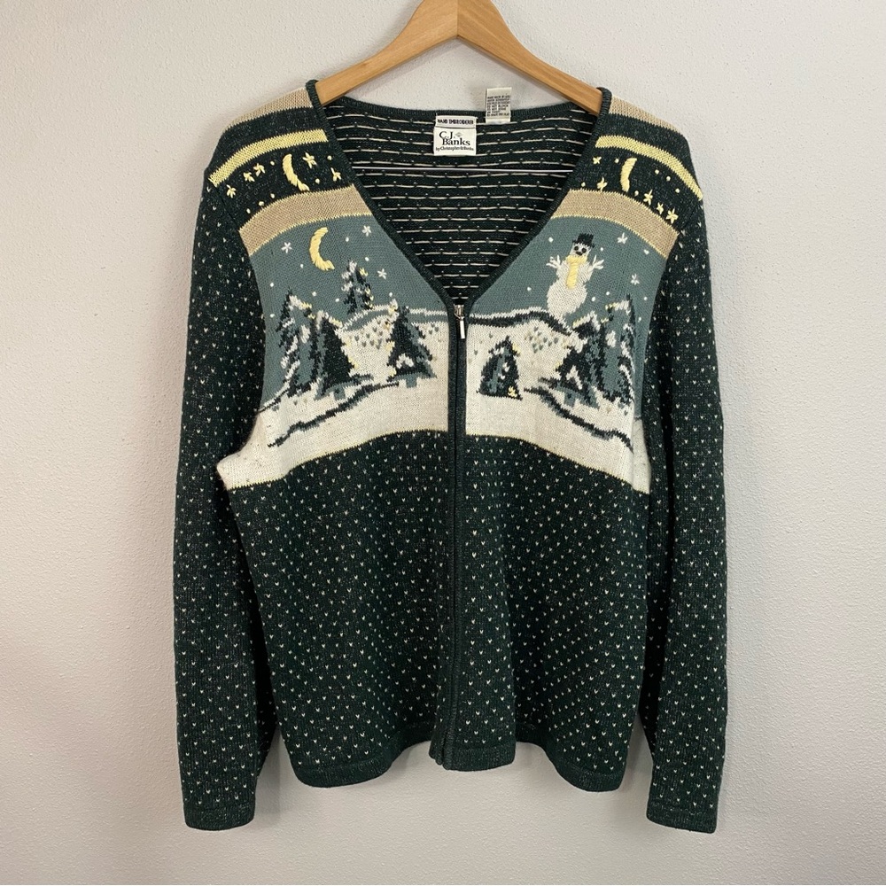 CJ Banks Vintage Green Christmas Sweater Full Zip‎ Snowman Trees Polka Dots 1x